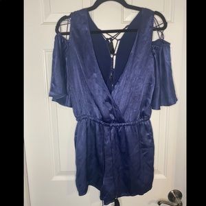 Revolve navy blue satin romper size S